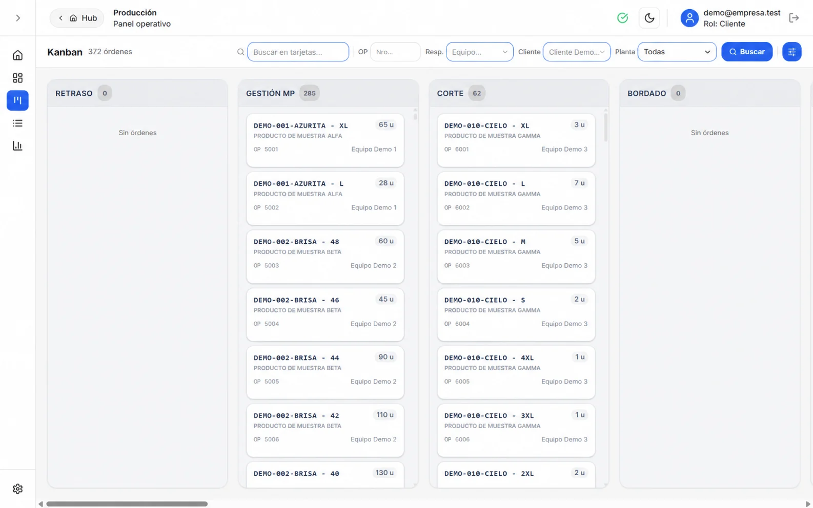 Kanban real de Producción con órdenes demo distribuidas por etapa productiva.
